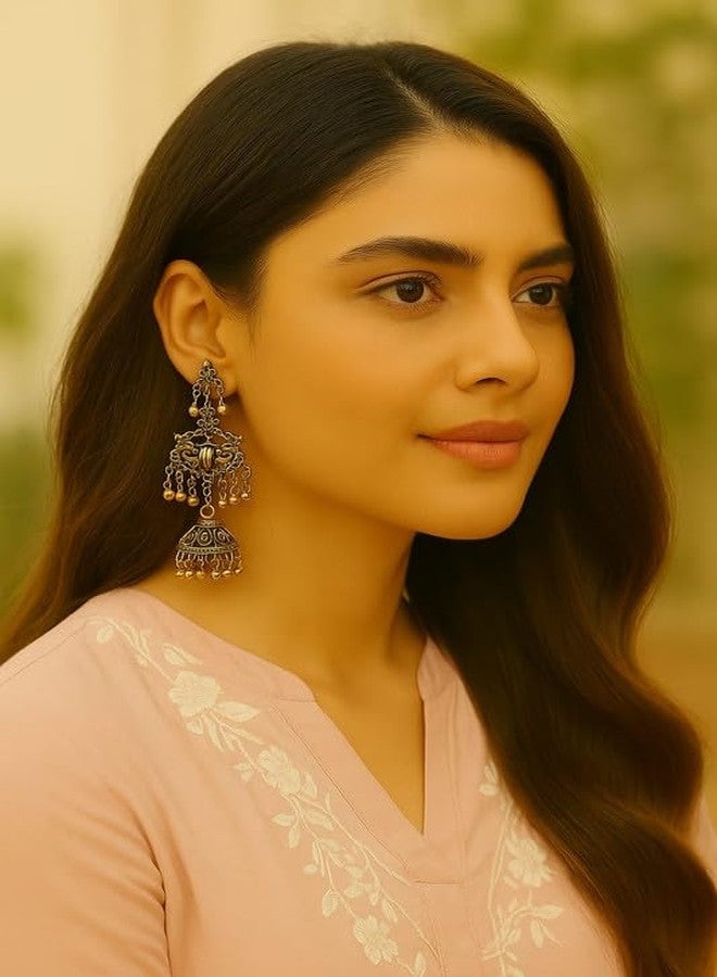 Emilia Antique Gold Jhumka Earrings for Women & Girls | Traditional Temple Style Danglers with Beaded Bells | Ethnic Festive Jewelry - Image 2