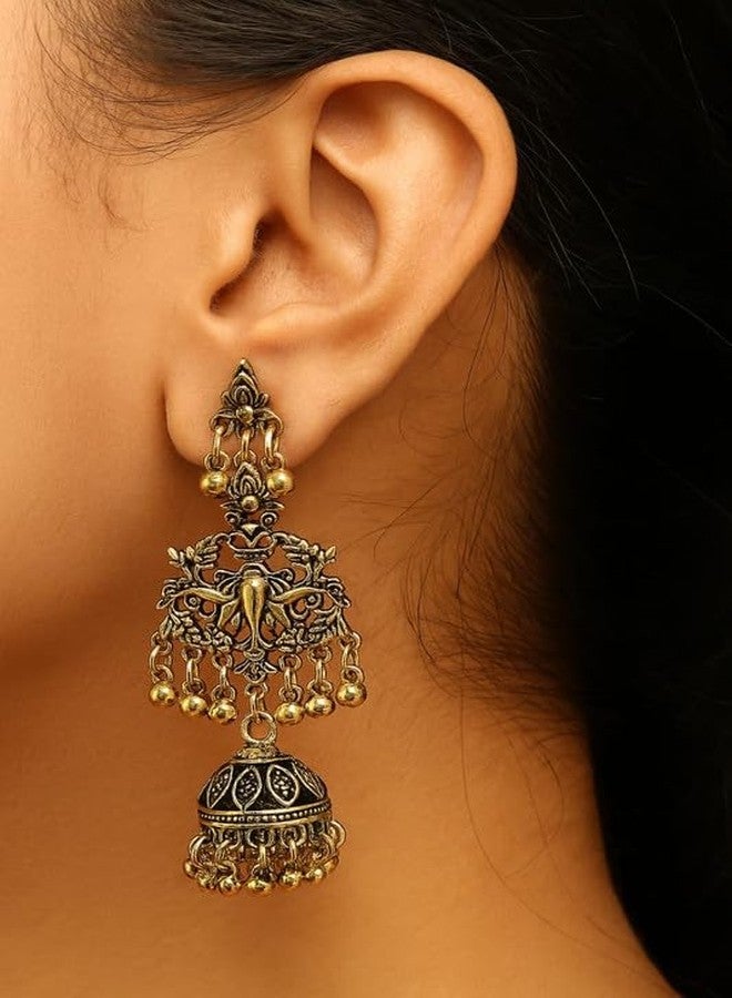Emilia Antique Gold Jhumka Earrings for Women & Girls | Traditional Temple Style Danglers with Beaded Bells | Ethnic Festive Jewelry - Image 4