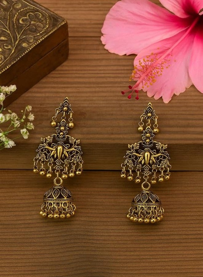 Emilia Antique Gold Jhumka Earrings for Women & Girls | Traditional Temple Style Danglers with Beaded Bells | Ethnic Festive Jewelry - Image 3