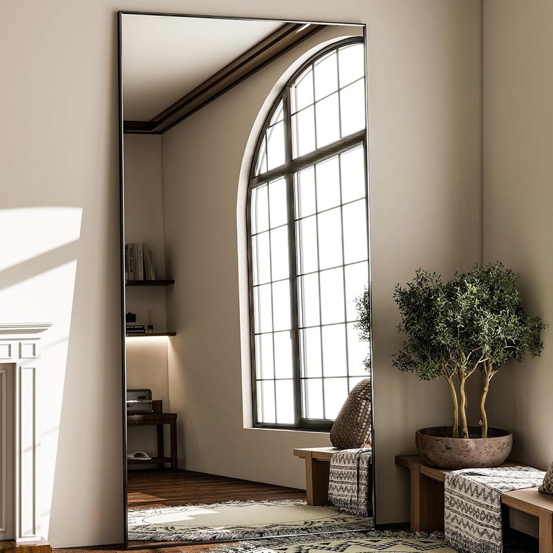 GLSLAND مرآة GLSLAND كاملة الطول 71 × 31 بوصة، مرآة مستطيلة كبيرة جدًا قابلة للتعليق أو الاستناد، إطار رفيع من سبائك الألومنيوم، مرآة أرضية لغرفة النوم، أسود - Image 1