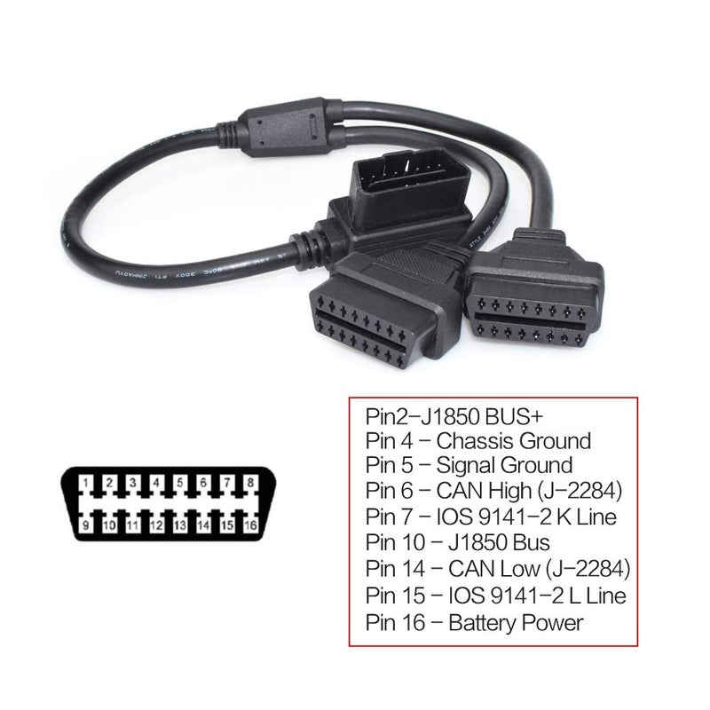 في جايت Vgate 16 Pin Obd2 Obdii تشخيص موسع الفاصل تمديد كابل ذكر إلى ثنائي أنثى Y كابل 12 بوصة - Image 4