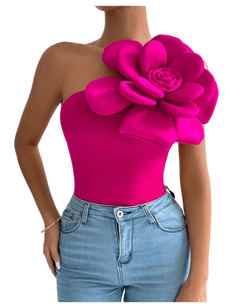 SHENHE Women's 3D Flower Top One Shoulder Sleeveless Slim Fit Elegant Rosette Top Blouse Hot Pink Medium - Image 3