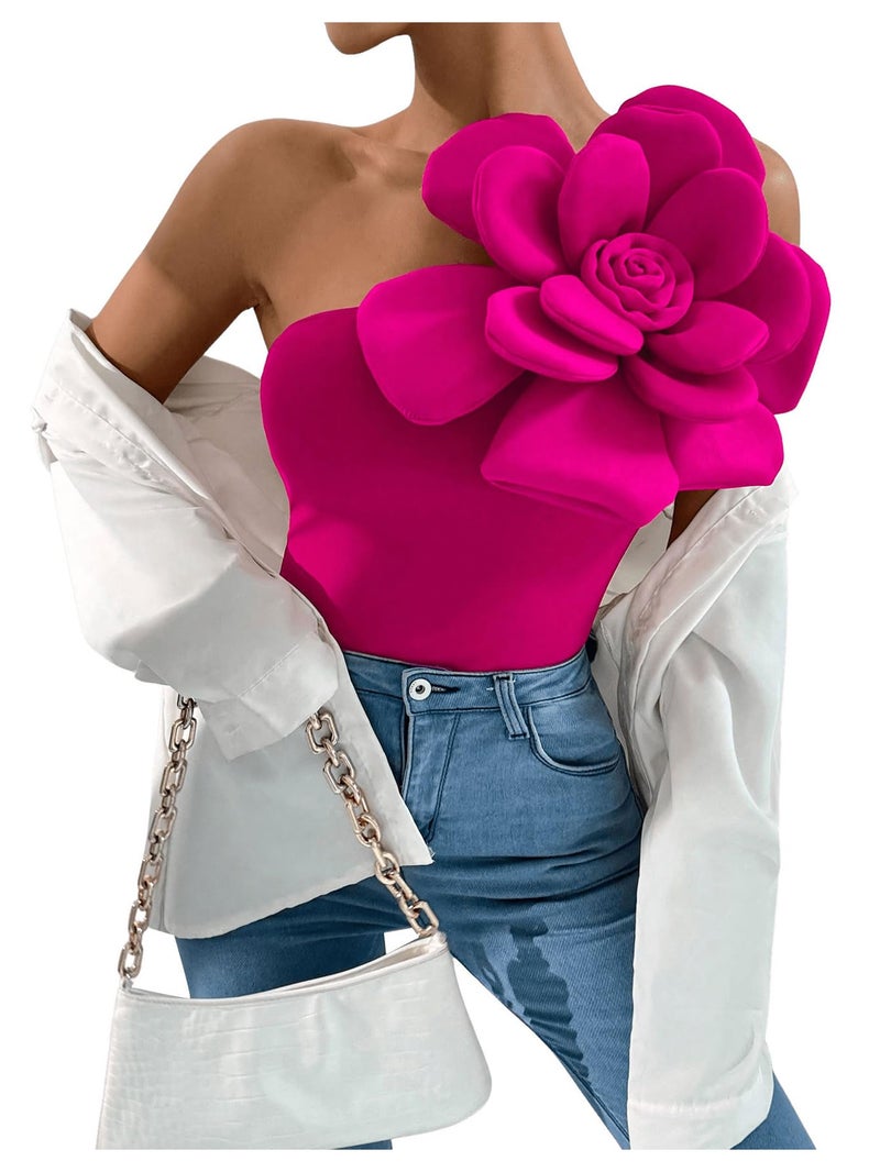 SHENHE Women's 3D Flower Top One Shoulder Sleeveless Slim Fit Elegant Rosette Top Blouse Hot Pink Medium - Image 5