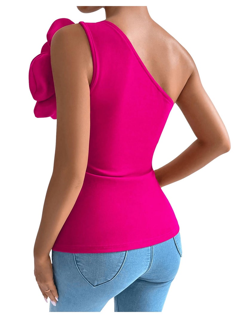 SHENHE Women's 3D Flower Top One Shoulder Sleeveless Slim Fit Elegant Rosette Top Blouse Hot Pink Medium - Image 2