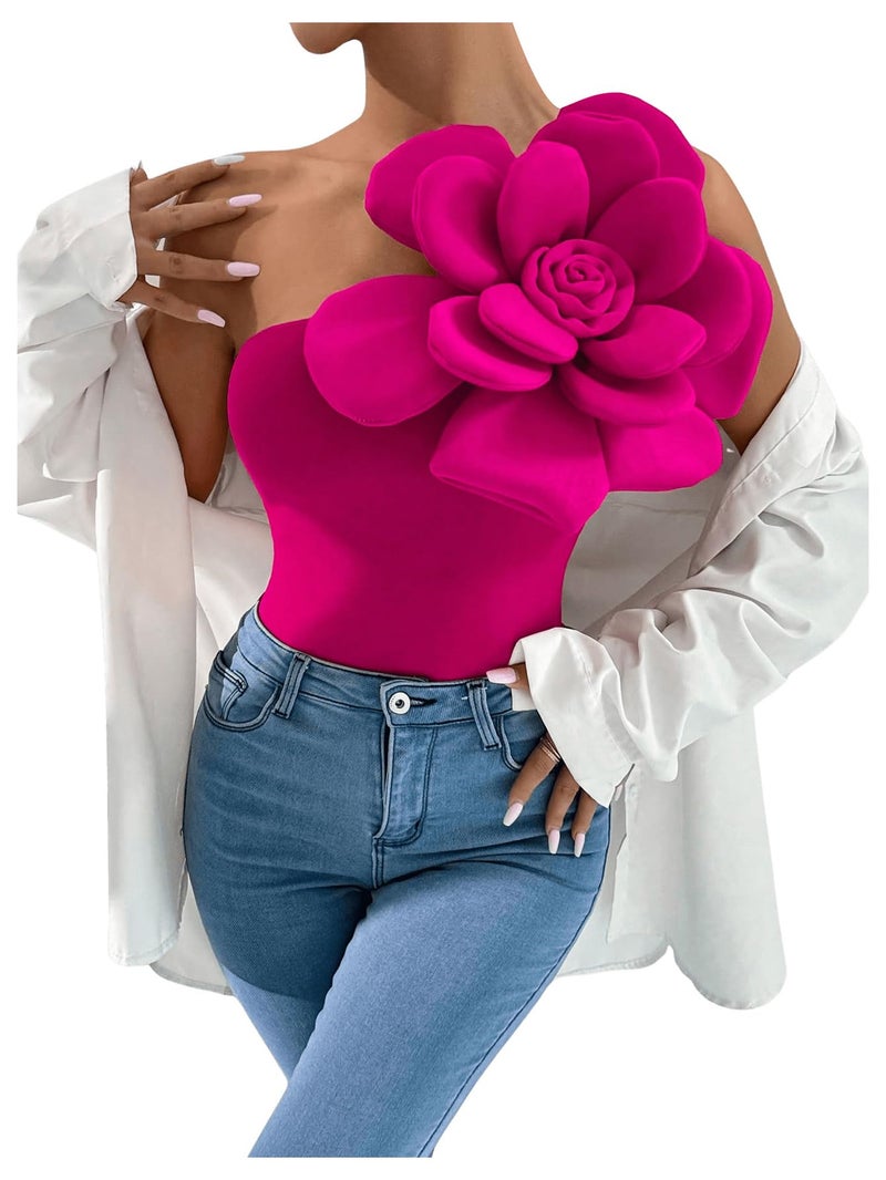 SHENHE Women's 3D Flower Top One Shoulder Sleeveless Slim Fit Elegant Rosette Top Blouse Hot Pink Medium - Image 4