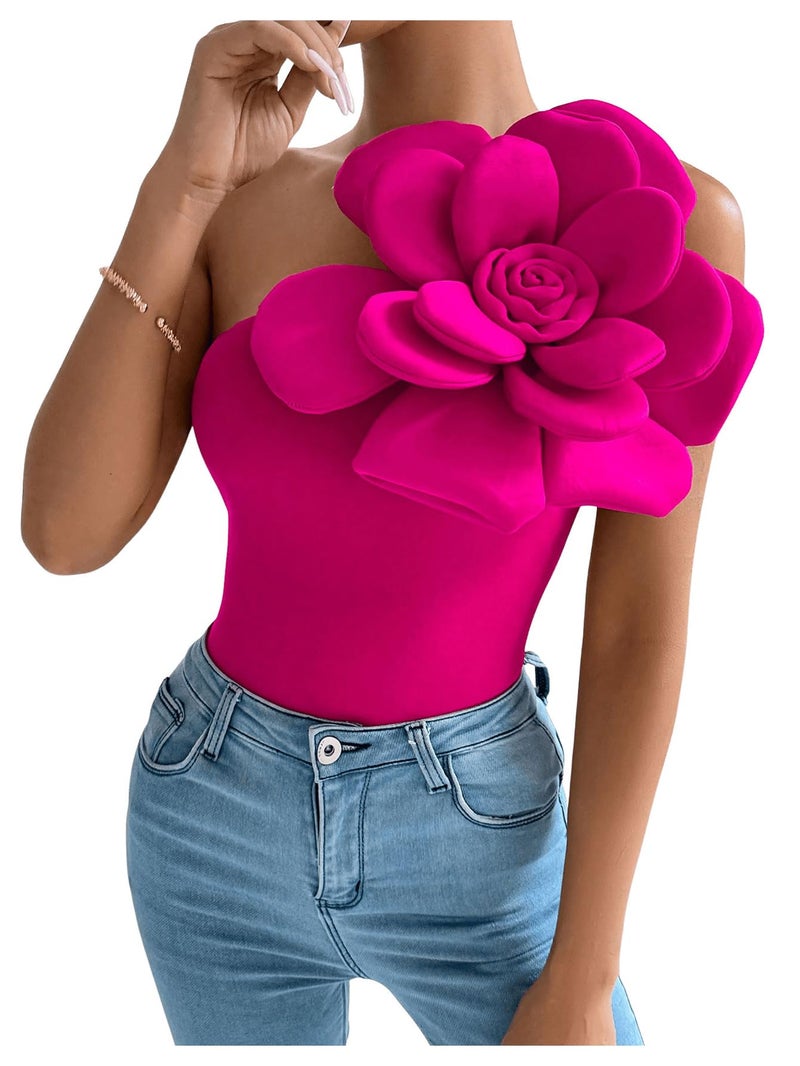 SHENHE Women's 3D Flower Top One Shoulder Sleeveless Slim Fit Elegant Rosette Top Blouse Hot Pink Medium - Image 1