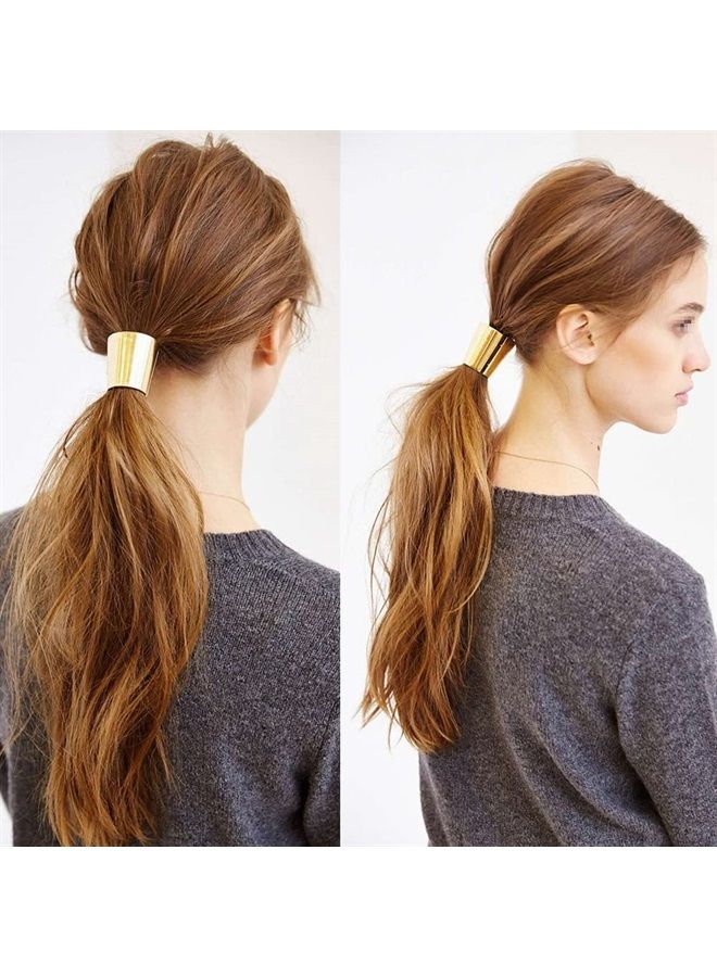 Quupy 2PCS Womens Ponytail Holder Metal Circle Hair Cuff Elastic Hair Tie for Women Girls Hair Accessories (Gold + Silver) - Image 3