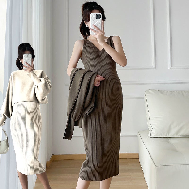 Knitted Camisole Sweater Dress Set with Coat for Maternity Apricot  - Image 1