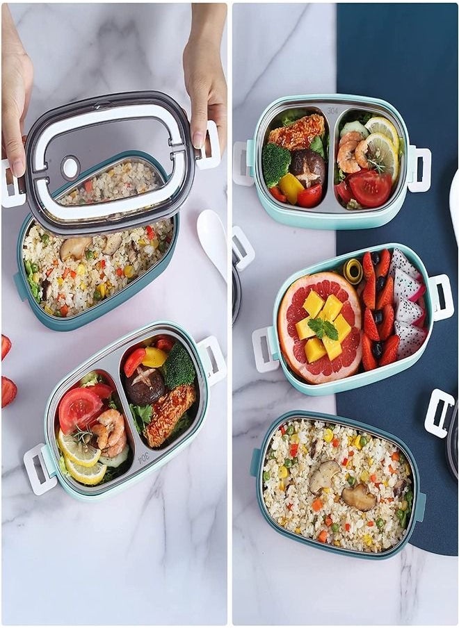 Tiokkss - Lunch Box for Kids and Adults with Lunch Bag, 2 Tier Stainless Steel Bento Lunch Box with 3 Compartments and Cutlery (Spoon & Fork) Food Picks for Kids, Leakproof | BFA Free | Dishwasher Safe (Blue) - Image 1