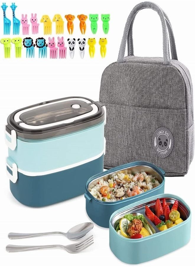 Tiokkss - Lunch Box for Kids and Adults with Lunch Bag, 2 Tier Stainless Steel Bento Lunch Box with 3 Compartments and Cutlery (Spoon & Fork) Food Picks for Kids, Leakproof | BFA Free | Dishwasher Safe (Blue) - Image 1