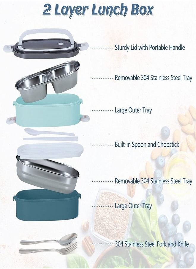 Tiokkss - Lunch Box for Kids and Adults with Lunch Bag, 2 Tier Stainless Steel Bento Lunch Box with 3 Compartments and Cutlery (Spoon & Fork) Food Picks for Kids, Leakproof | BFA Free | Dishwasher Safe (Blue) - Image 1