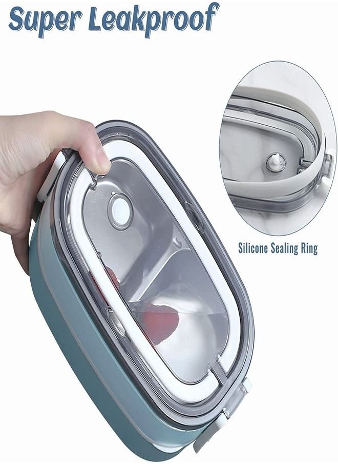 Tiokkss - Lunch Box for Kids and Adults with Lunch Bag, 2 Tier Stainless Steel Bento Lunch Box with 3 Compartments and Cutlery (Spoon & Fork) Food Picks for Kids, Leakproof | BFA Free | Dishwasher Safe (Blue) - Image 1