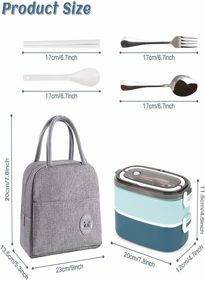 Tiokkss - Lunch Box for Kids and Adults with Lunch Bag, 2 Tier Stainless Steel Bento Lunch Box with 3 Compartments and Cutlery (Spoon & Fork) Food Picks for Kids, Leakproof | BFA Free | Dishwasher Safe (Blue) - Image 1