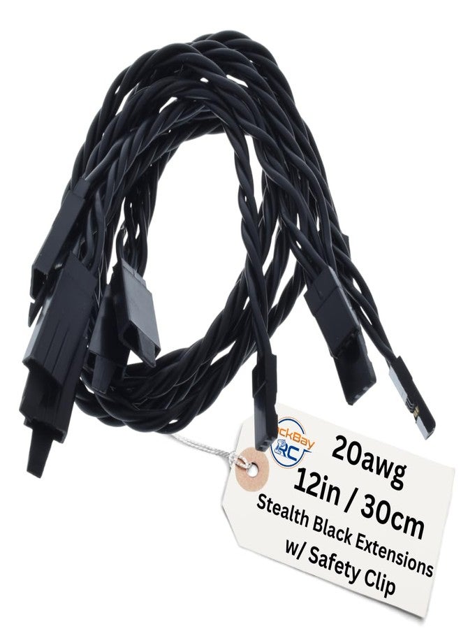 BackBay R/C 30CM / 12in 20awg Twisted Servo Extension Cable w/Safety Clip - All Black/Stealth Series - 100 Strands for RC Planes, Drones, Trucks, E-Bikes - 11 Lengths / 5 Wires Per Pack