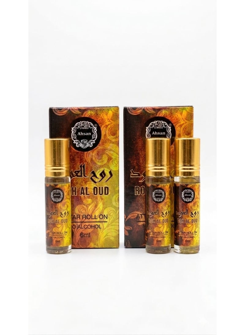 Ahsan Roh Al Oud free alcohol roll on 6ml 3Pcs