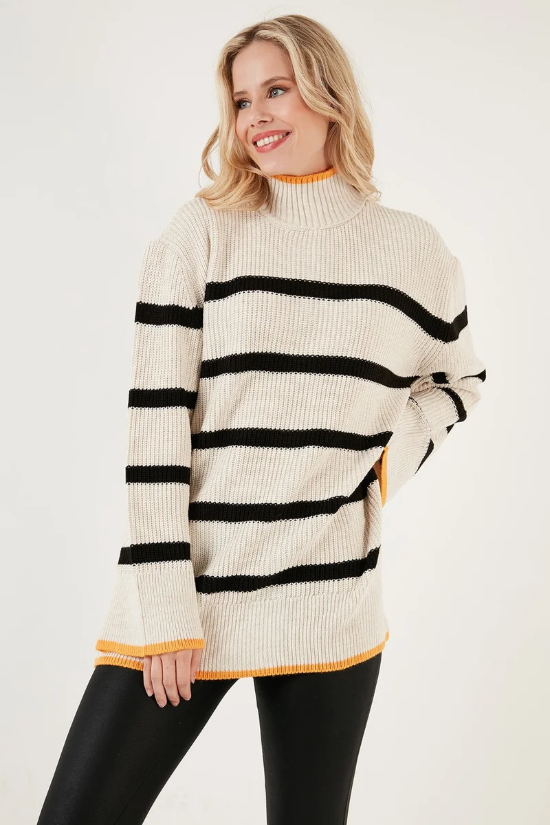 ليلا Striped Turtleneck Wide Sleeve Knitted Sweater Women's Sweater 4615144