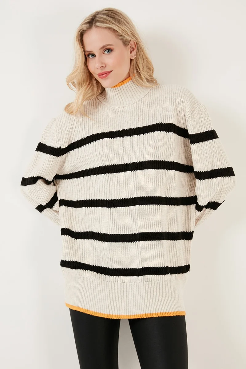 ليلا Striped Turtleneck Wide Sleeve Knitted Sweater Women's Sweater 4615144