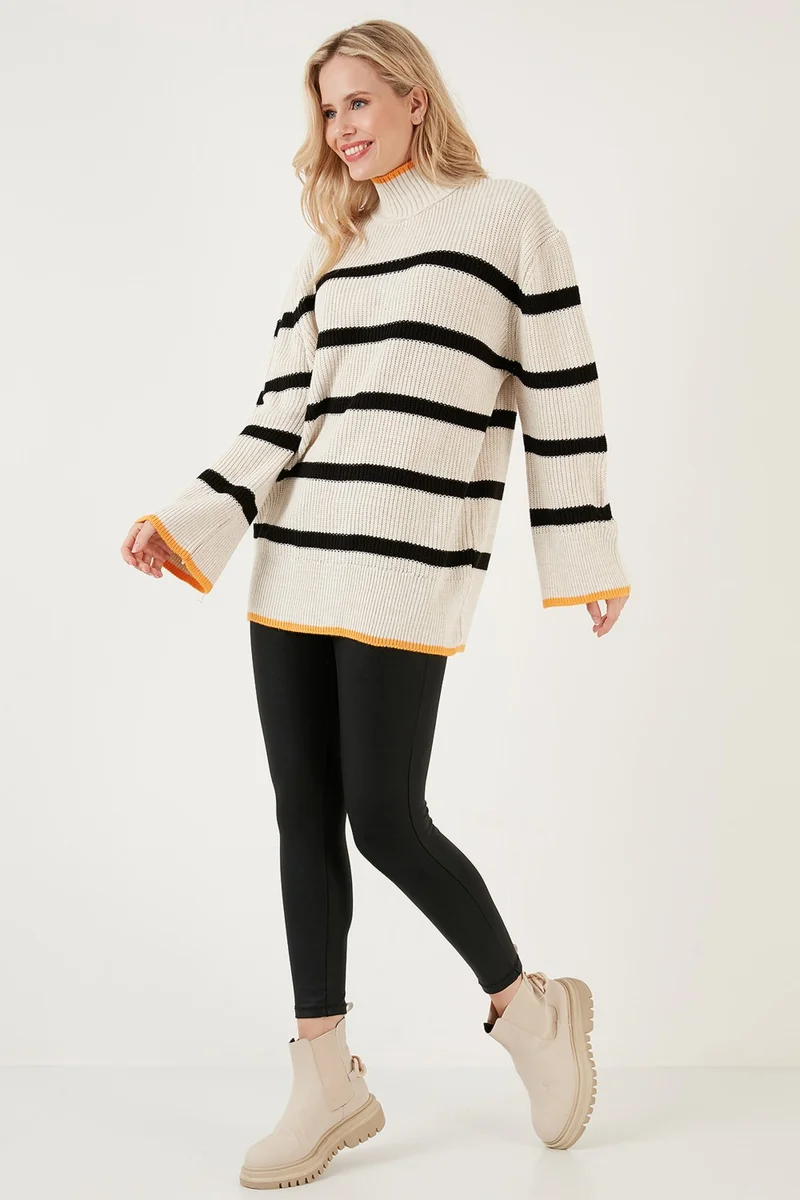 ليلا Striped Turtleneck Wide Sleeve Knitted Sweater Women's Sweater 4615144