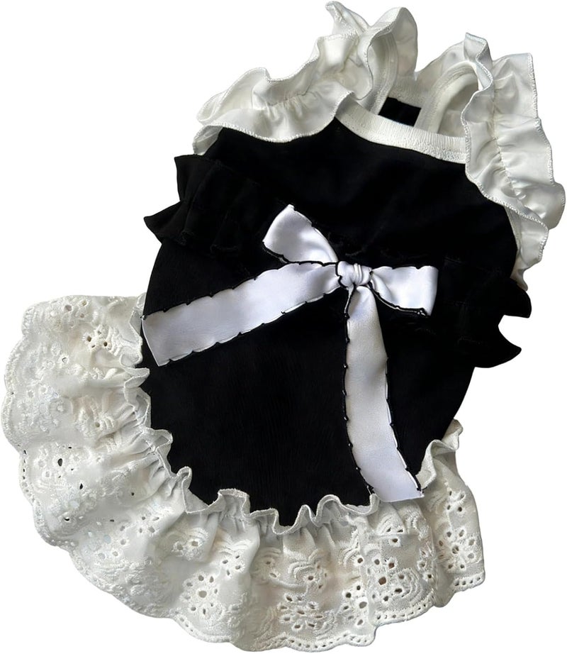 Dog Cat Girl Princess Dress, Black Cotton Lolita Costume, Small Bow Lace Clothes, Bust 13.8 in / 35 Cm, Back 9.8 in / 25 Cm - Image 1