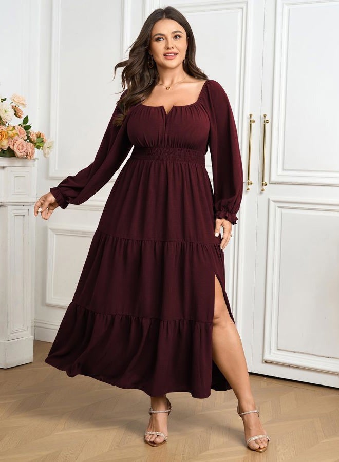 SCOMCHIC Womens Plus Size Formal Dress Fall Long Sleeve Square Neck Flowy A Line Tiered Side Split Wedding Guest Maxi Dress, Burgundy, L - Image 2