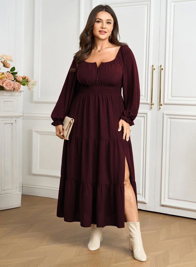 SCOMCHIC Womens Plus Size Formal Dress Fall Long Sleeve Square Neck Flowy A Line Tiered Side Split Wedding Guest Maxi Dress, Burgundy, L - Image 5
