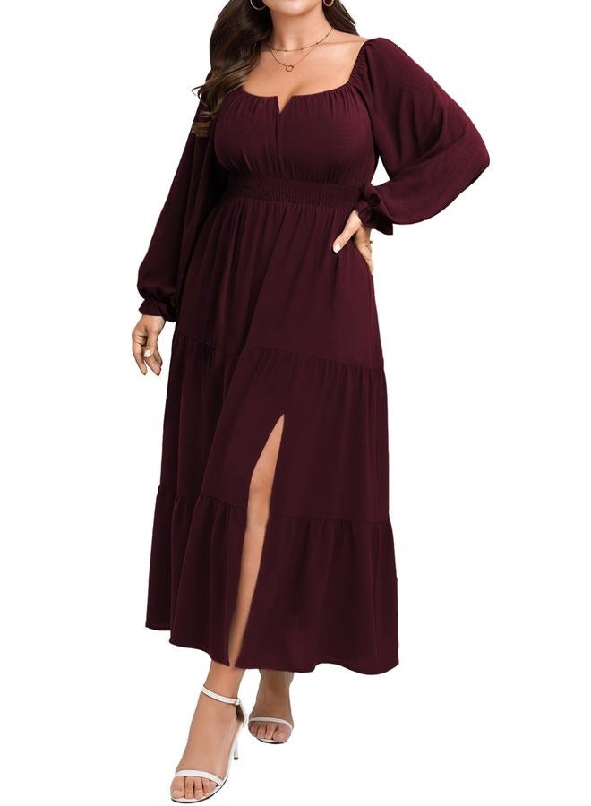 SCOMCHIC Womens Plus Size Formal Dress Fall Long Sleeve Square Neck Flowy A Line Tiered Side Split Wedding Guest Maxi Dress, Burgundy, L - Image 1