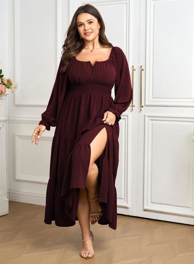 SCOMCHIC Womens Plus Size Formal Dress Fall Long Sleeve Square Neck Flowy A Line Tiered Side Split Wedding Guest Maxi Dress, Burgundy, L - Image 3