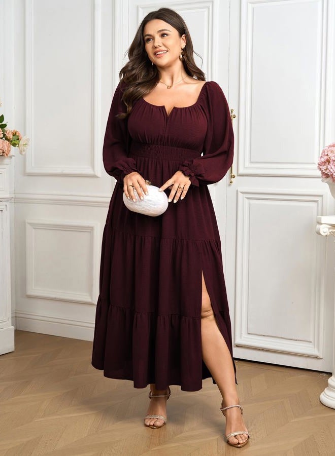 SCOMCHIC Womens Plus Size Formal Dress Fall Long Sleeve Square Neck Flowy A Line Tiered Side Split Wedding Guest Maxi Dress, Burgundy, L - Image 4