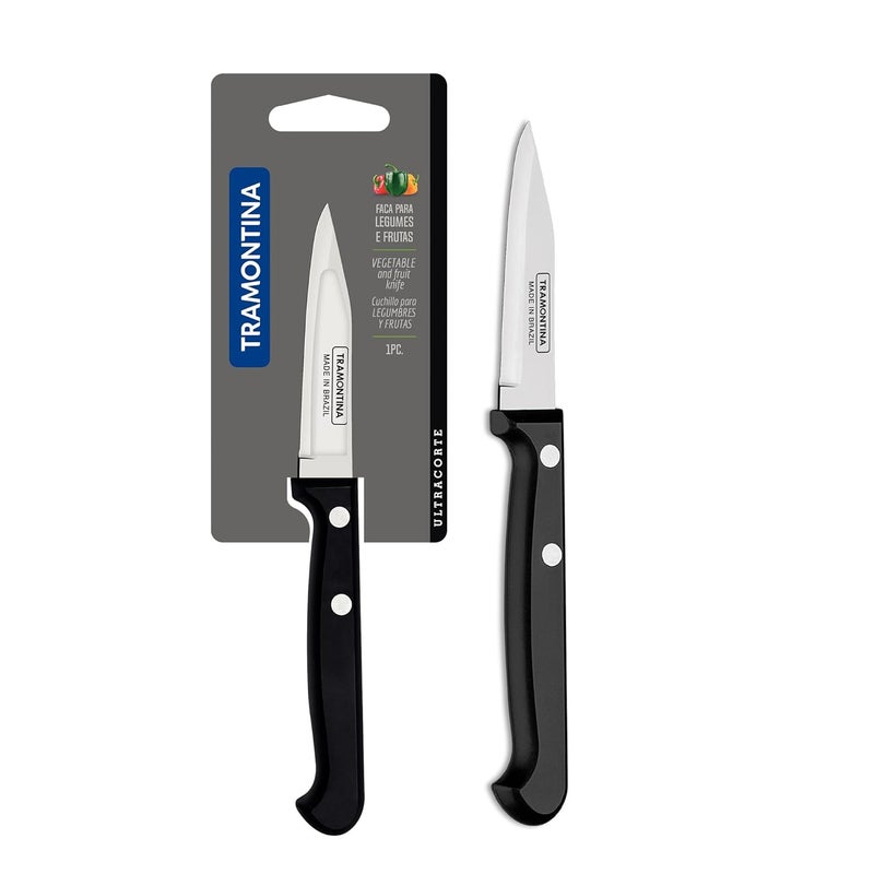 TRAMONTINA سكين الخضار والفواكه من ترامونتينا أولتراكورت من الفولاذ المقاوم للصدأ 7 سم 27 أسود حافة مستقيمة بسيطة مقبض بولي بروبيلين مضاد للميكروبات آمن للغسل في غسالة الصحون ضمان 5 سنوات صنع في البرازيل - Image 1