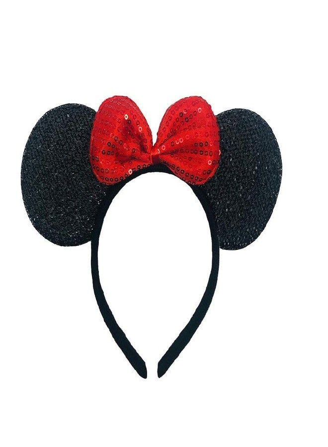 winvin Set of 24 Mouse Costume Deluxe Fabric Ears Headband Red Bow Boys Girls Birthday Party Hairs Accessories Baby Shower Headwear Halloween Favors Decorations (Sequin Black and Red) - Image 3