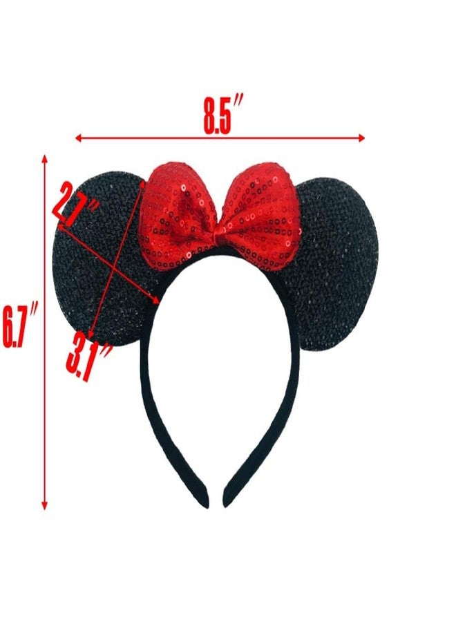 winvin Set of 24 Mouse Costume Deluxe Fabric Ears Headband Red Bow Boys Girls Birthday Party Hairs Accessories Baby Shower Headwear Halloween Favors Decorations (Sequin Black and Red) - Image 5