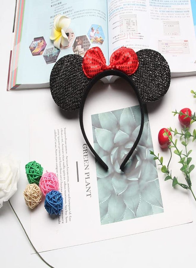 winvin Set of 24 Mouse Costume Deluxe Fabric Ears Headband Red Bow Boys Girls Birthday Party Hairs Accessories Baby Shower Headwear Halloween Favors Decorations (Sequin Black and Red) - Image 2