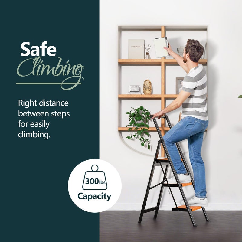 WOA WOA 3 Step Ladder, Ladders for Home, Anti-Slip Pedals, Aluminum Step Stool Foldable, Lightweight to Move, Ease of Storage, Reach 8ft for Closet Kitchen Library, Hold 300lbs - Black&Wood Grain - Image 2