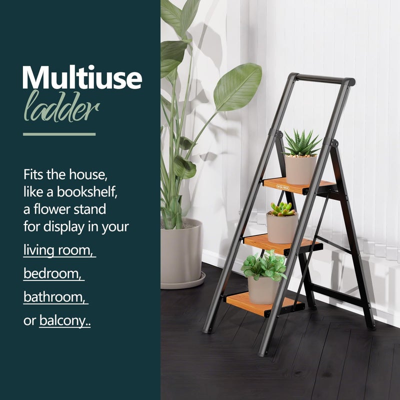 WOA WOA 3 Step Ladder, Ladders for Home, Anti-Slip Pedals, Aluminum Step Stool Foldable, Lightweight to Move, Ease of Storage, Reach 8ft for Closet Kitchen Library, Hold 300lbs - Black&Wood Grain - Image 5