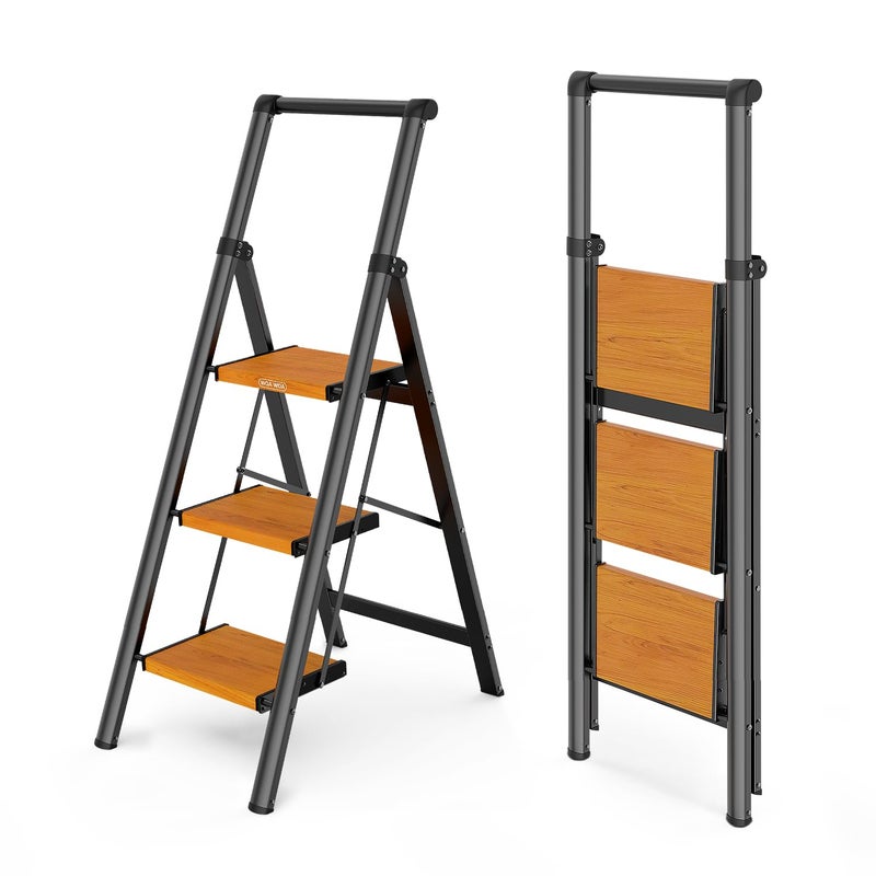WOA WOA 3 Step Ladder, Ladders for Home, Anti-Slip Pedals, Aluminum Step Stool Foldable, Lightweight to Move, Ease of Storage, Reach 8ft for Closet Kitchen Library, Hold 300lbs - Black&Wood Grain - Image 1