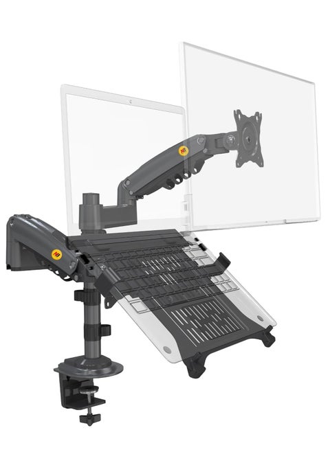 Dual Laptop Monitor Arm for 17-27 Inch 10-17 Inch Screens, Computer Load Capacity 2-9kg, 2 Monitors with 2 Steps, 2 in 1 Dual Display Arm, Gas Spring Mounting Ring and VESA Mounting Clamp 75x75/100x100
