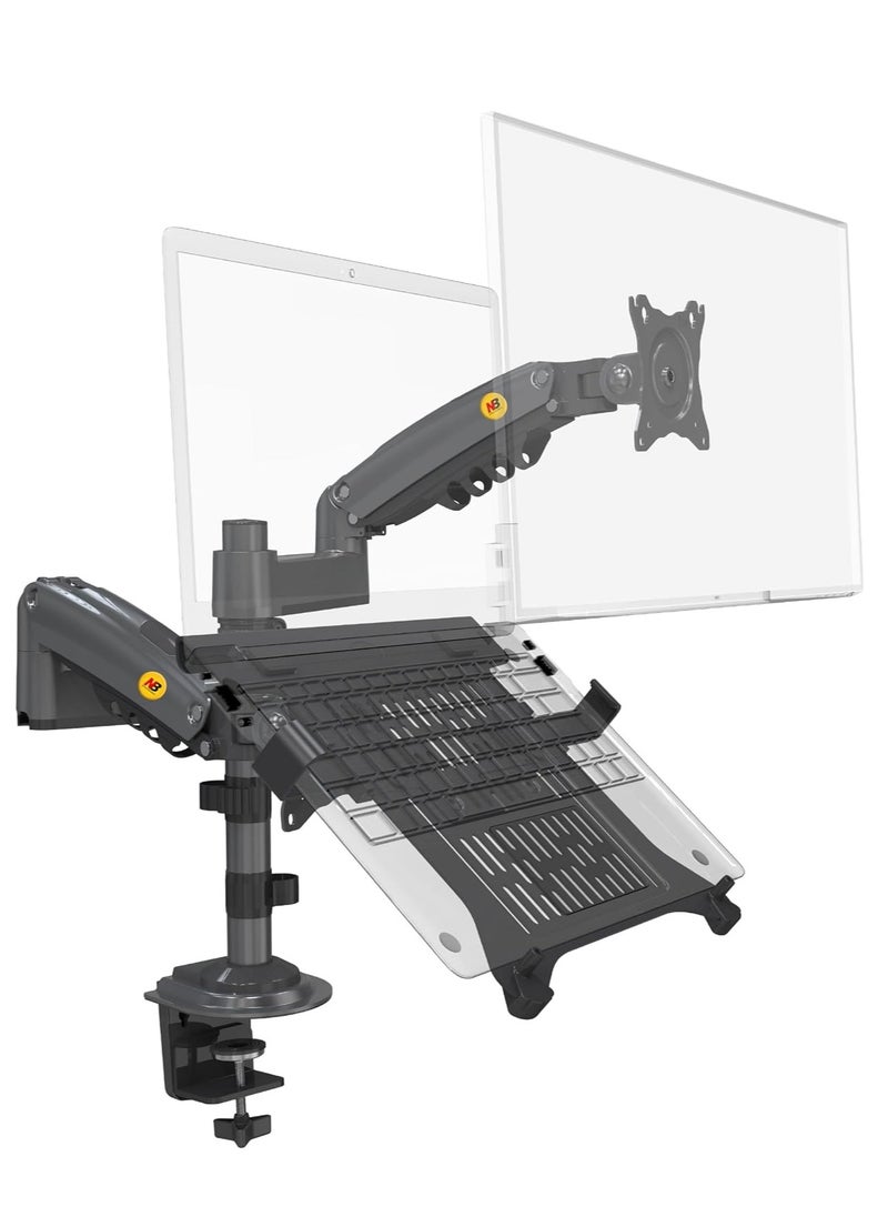 Dual Laptop Monitor Arm for 17-27 Inch 10-17 Inch Screens, Computer Load Capacity 2-9kg, 2 Monitors with 2 Steps, 2 in 1 Dual Display Arm, Gas Spring Mounting Ring and VESA Mounting Clamp 75x75/100x100