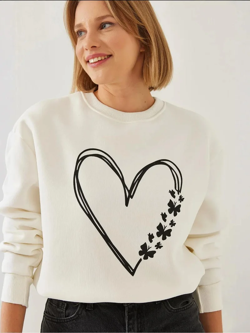 Bianco Lucci LUCCI Printed Crew Neck Relaxed Fit Sweatshirt