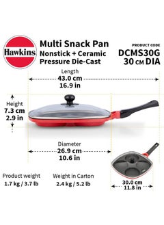 Hawkins Hawkins 30 cm Die-Cast Multi Snack Pan with Glass Lid, Nonstick Mini Uttapam Tawa, Pancake Pan, Red (DCMS30G)  - Image 3