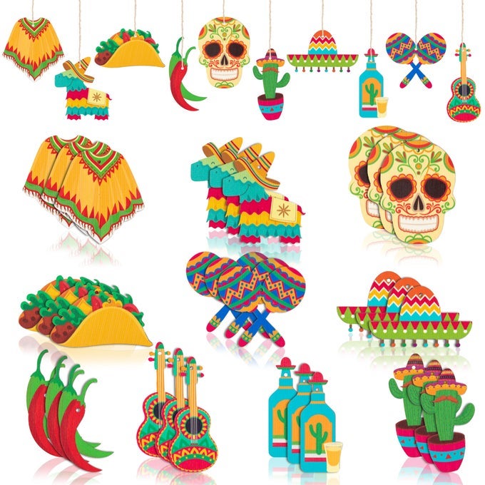 MEXICA FIESTA HANGING ORNAMENTS 31PCS MEXICA FIESTA CINCO DE MAYO WOODEN ORNAMENTS HANGING DECORATION CACTUS SOMBRERO GUITAR PENDANTS GIFT TAG TREE DECOR TACO BOUT BIRTHDAY BABY SHOWER PARTY