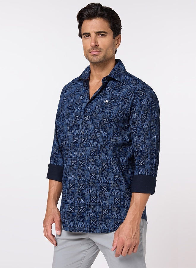 تكلف The Luxe Print Navy Oxford Shirt with Rich Printed Finish - Image 1