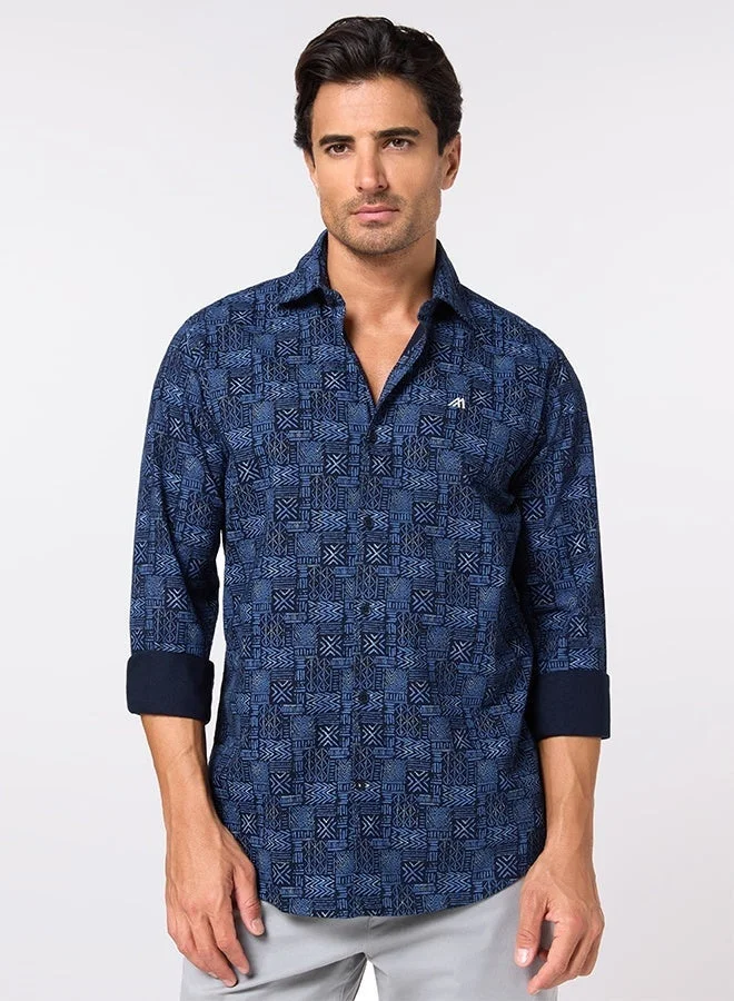 MANNERISM  The Luxe Print Navy Oxford Shirt with Rich Printed Finish for Men | Best Price UAE