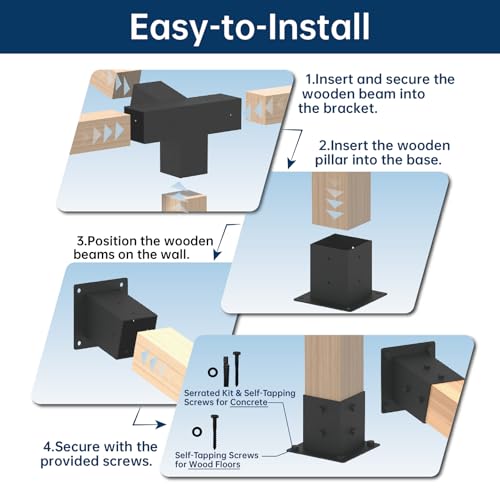 MEWSDEN Pergola Bracket Kit 4x4, Including 1 Wall Base, 1 105 ° 4-Way and 1 Bases, 1 Set of Wall Mounted 15° Pitched Roof Mounting Kit for Extension, for Shading Facilities Attached to Walls or Eaves - Image 5