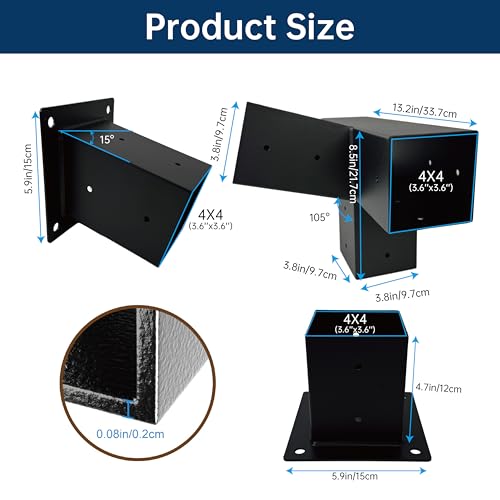 MEWSDEN Pergola Bracket Kit 4x4, Including 1 Wall Base, 1 105 ° 4-Way and 1 Bases, 1 Set of Wall Mounted 15° Pitched Roof Mounting Kit for Extension, for Shading Facilities Attached to Walls or Eaves - Image 3
