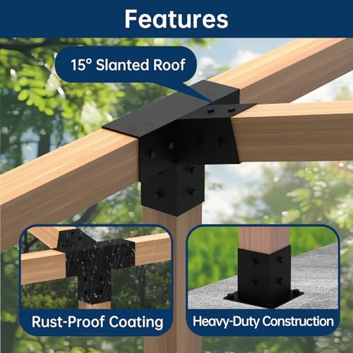 MEWSDEN Pergola Bracket Kit 4x4, Including 1 Wall Base, 1 105 ° 4-Way and 1 Bases, 1 Set of Wall Mounted 15° Pitched Roof Mounting Kit for Extension, for Shading Facilities Attached to Walls or Eaves - Image 2