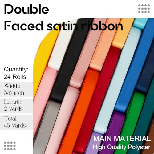 Mlurcu Satin Ribbon 3/8 Inch Thin Ribbon 48 Yards Assorted Colorful Bulk Ribbon Pack, Double Faced Satin Ribbon Set, Thick Silk Fabric Ribbons for Crafts, Christmas Gift Wrapping, Hair Bows Making, Sewing - Image 2