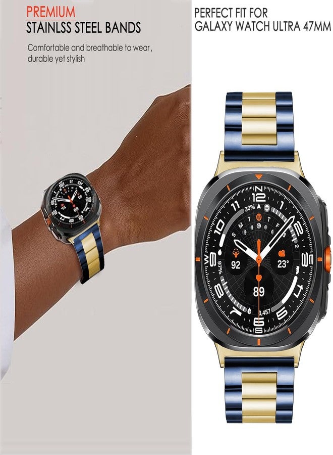 DEALELE Starp Compatible with Samsung Galaxy Watch Ultra 47mm (2025/2024), No Gap Stainless Steel Metal Replacement Bands for Galaxy Watch Ultra 2/7 Ultra 47mm Women Men, Blue-gold - Image 3