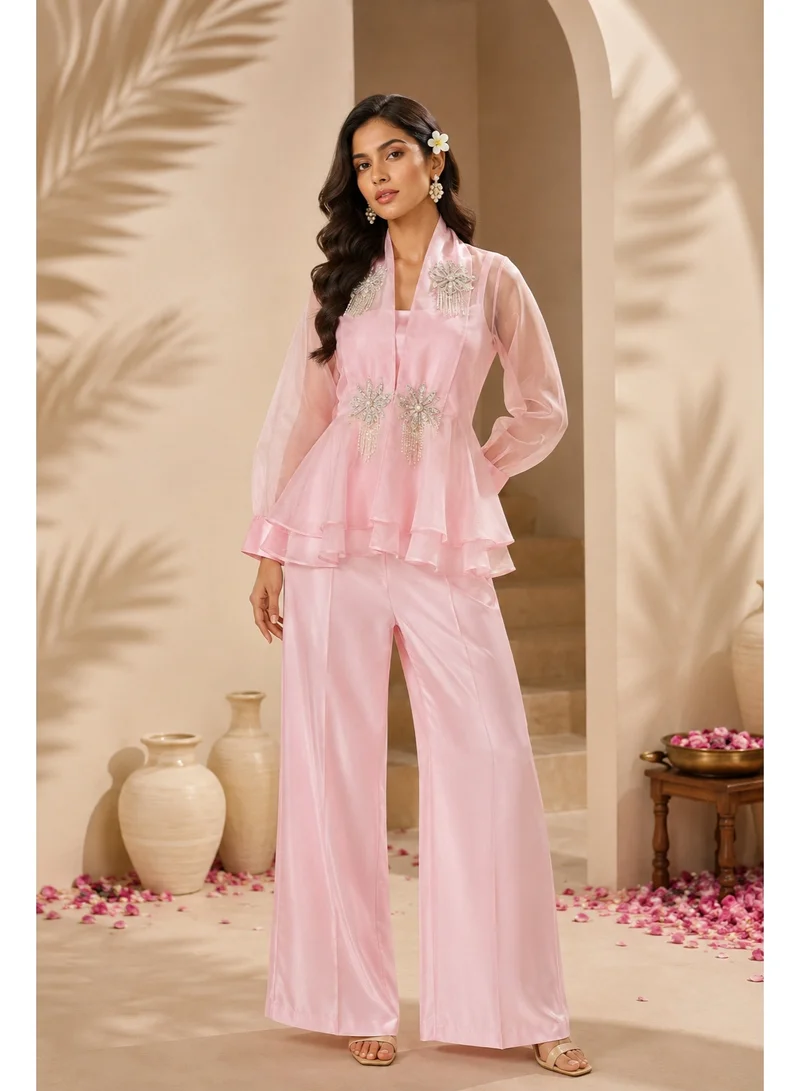Lehar  Blush Pink Embellished Organza Peplum Co-Ord Set with Satin Wide-Leg Trousers for Women | Best Price UAE