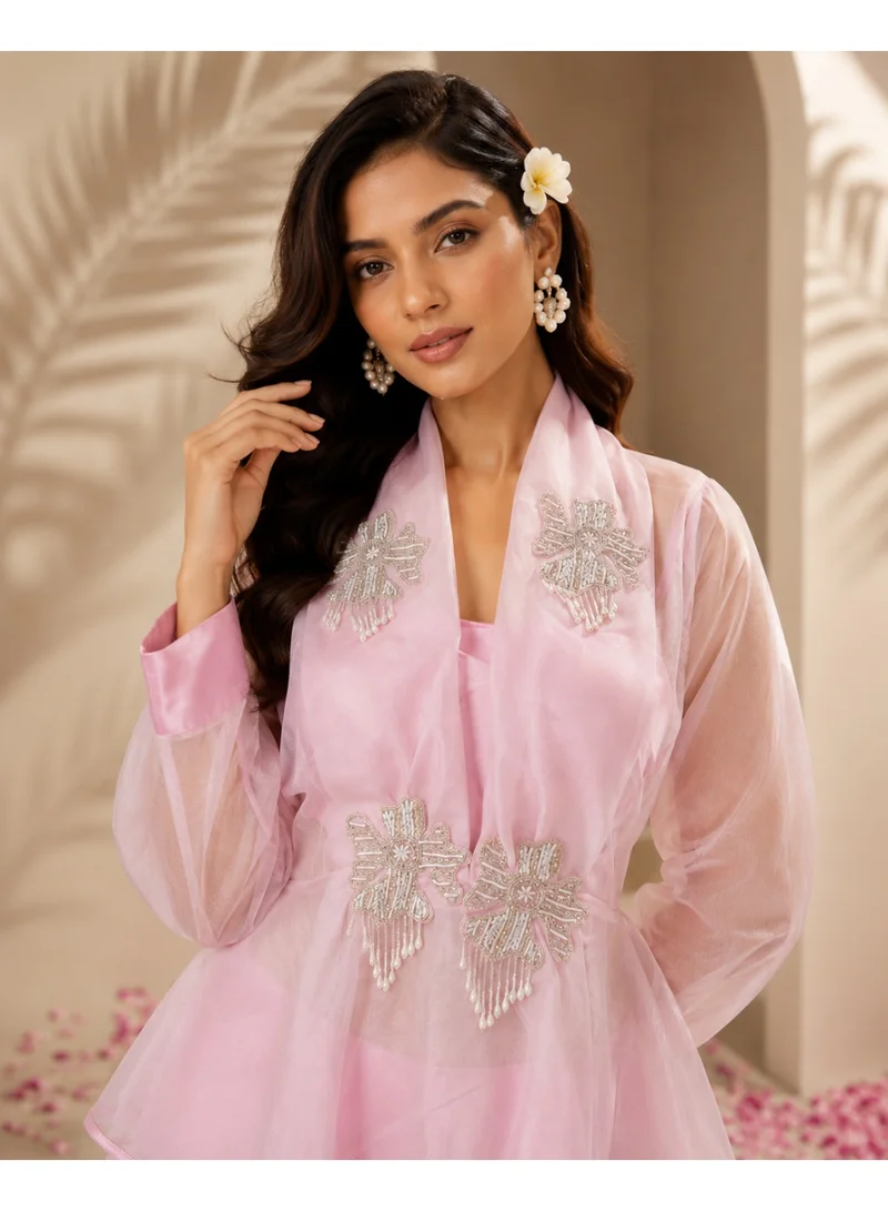 Lehar  Blush Pink Embellished Organza Peplum Co-Ord Set with Satin Wide-Leg Trousers for Women | Best Price UAE