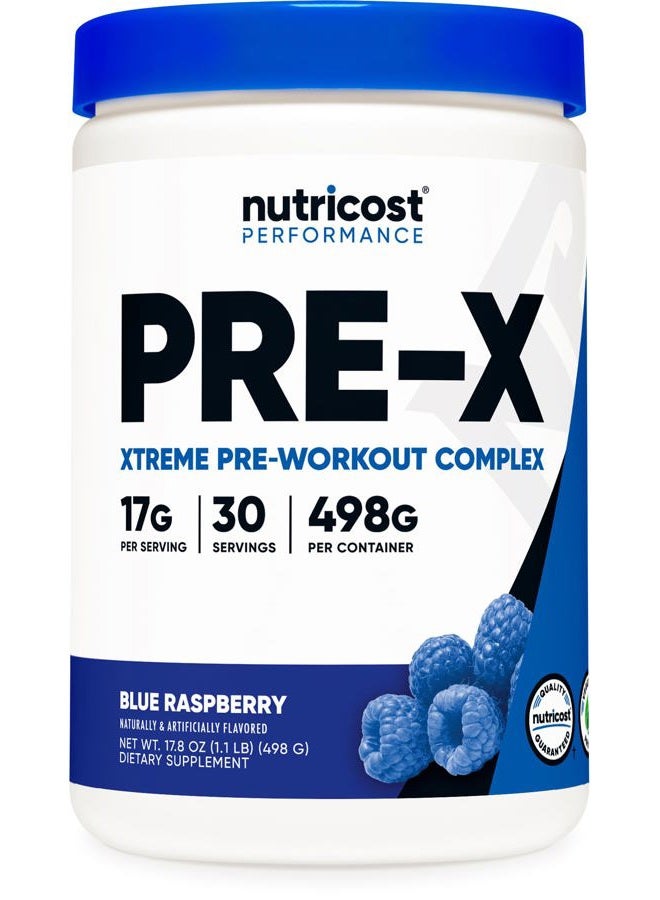 Nutricost Pre-X Xtreme Pre-Workout Powder Complex, Blue Raspberry, 30 Servings, Vegetarian, Non-GMO and Gluten Free - Image 1